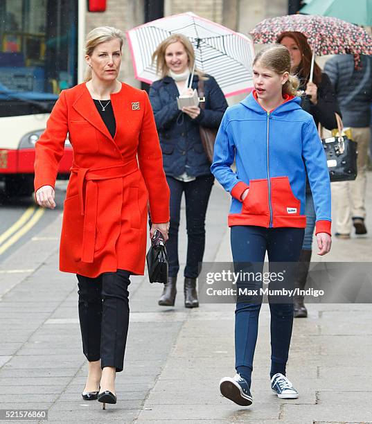 Sophie, Countess of Wessex accompanied by her daughter Lady Louise Windsor departs after opening the newly refurbished Girlguiding head office on...