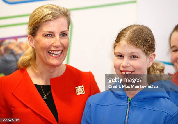 Sophie, Countess of Wessex accompanied by her daughter Lady Louise Windsor opens the newly refurbished Girlguiding head office on April 16, 2016 in...