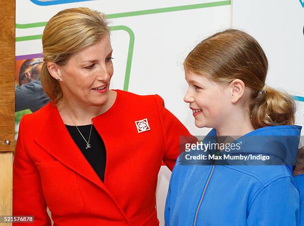Sophie, Countess of Wessex accompanied by her daughter Lady Louise Windsor opens the newly refurbished Girlguiding head office on April 16, 2016 in...