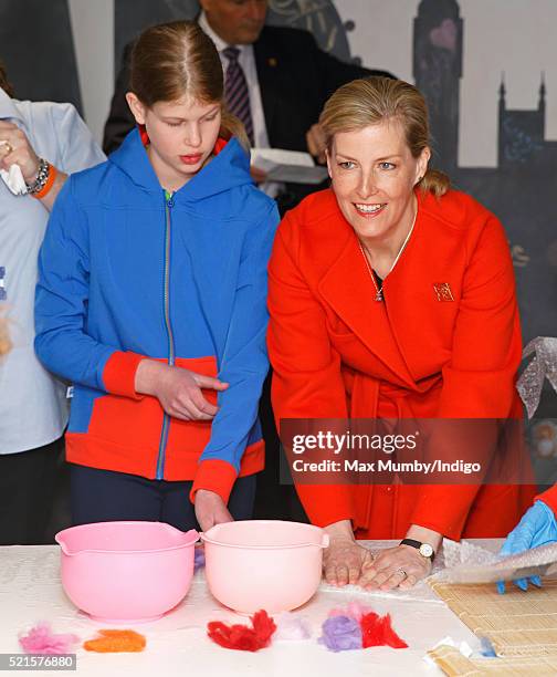 Sophie, Countess of Wessex and daughter Lady Louise Windsor try felt making as they open the newly refurbished Girlguiding head office on April 16,...