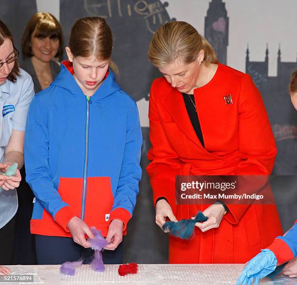 Sophie, Countess of Wessex and daughter Lady Louise Windsor try felt making as they open the newly refurbished Girlguiding head office on April 16,...