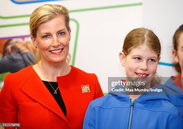 Sophie, Countess of Wessex accompanied by her daughter Lady Louise Windsor opens the newly refurbished Girlguiding head office on April 16, 2016 in...