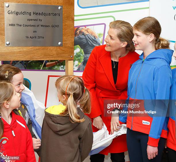 Sophie, Countess of Wessex accompanied by her daughter Lady Louise Windsor opens the newly refurbished Girlguiding head office on April 16, 2016 in...