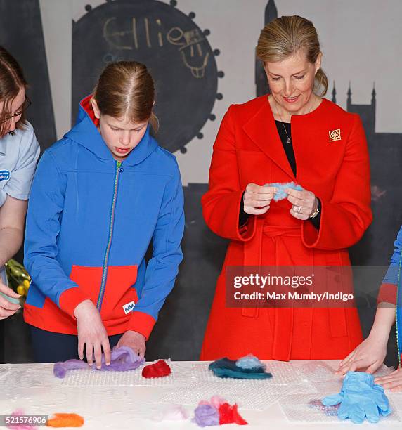 Sophie, Countess of Wessex and daughter Lady Louise Windsor try felt making as they open the newly refurbished Girlguiding head office on April 16,...