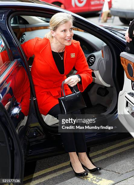 Sophie, Countess of Wessex arrives to open the newly refurbished Girlguiding head office on April 16, 2016 in London, England.