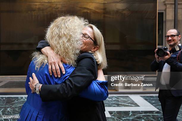 Anne Polke and the curator Elena Geuna attend the 'Sigmar Polke' Exhibition opening at Palazzo Grassi on April 16, 2016 in Venice, Italy. The...