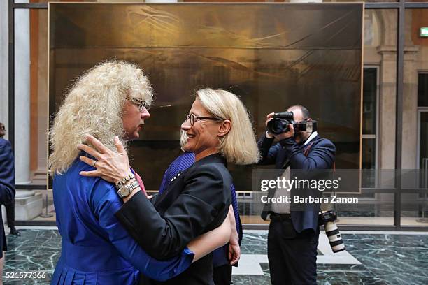 Anne Polke and the curator Elena Geuna attend the 'Sigmar Polke' Exhibition opening at Palazzo Grassi on April 16, 2016 in Venice, Italy. The...