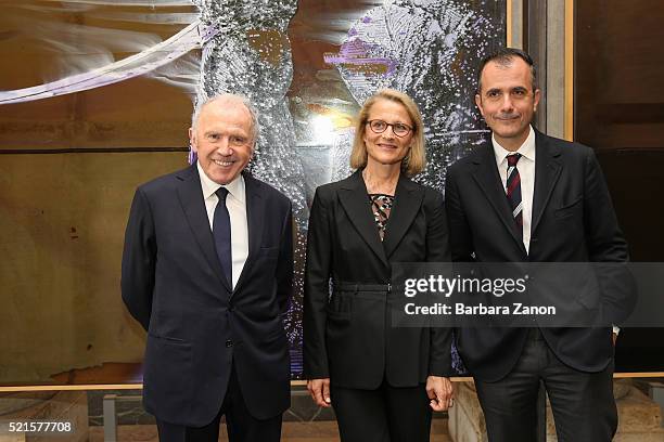 Francois Pinault, Elena Geuna and Martin Bethenod attend the 'Sigmar Polke' Exhibition opening at Palazzo Grassi on April 16, 2016 in Venice, Italy....