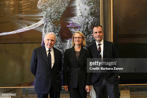 Francois Pinault, Elena Geuna and Martin Bethenod attend the 'Sigmar Polke' Exhibition opening at Palazzo Grassi on April 16, 2016 in Venice, Italy....