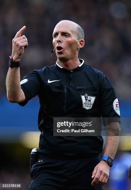 Referee Mike Riley reacts during the Barclays Premier League match between Chelsea and Manchester City at Stamford Bridge on April 16, 2016 in...