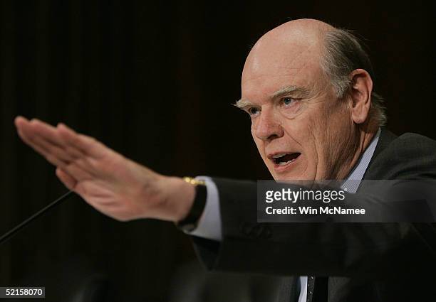 Treasury Secretary John Snow testifies during a hearing before the Senate Finance Committee on Capitol Hill February 8, 2005 in Washington, DC. Snow...