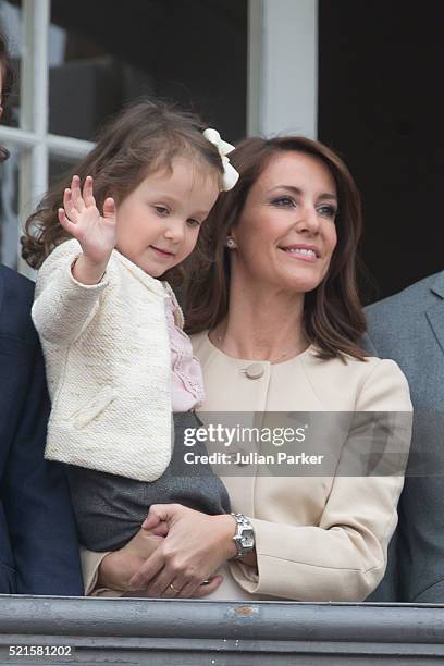 Princess Marie of Denmark with Princess Athena of Denmark, attend Queen Margrethe II of Denmark's 76th Birthday Celebrations at Amalienborg Palace,...