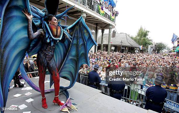 Women competes in Bourbon Street Awards for costume design during Mardi Gras festivities February 8, 2005 in New Orleans, Louisiana. Mardi Gras is...