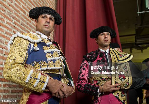 Spanish bullfighter Fran Rivera and Cayetano Rivera perform during a bullfight at La Cubierta on April 16, 2016 in Leganes, Spain.