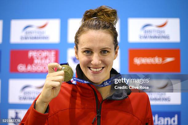 Jaz Carlin of Great Britain poses with her Gold medal after winning the Women's 400m Freestyle Final on day six of the British Swimming Championships...