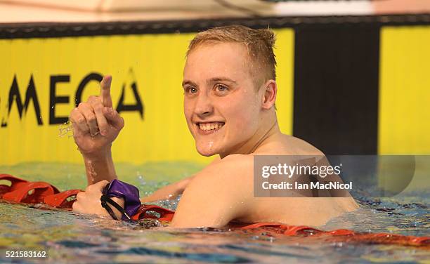 Timothy Shuttleworth celebrates winning the Men's 1500m Freestyle during Day Five of The British Swimming Championships at Tollcross International...