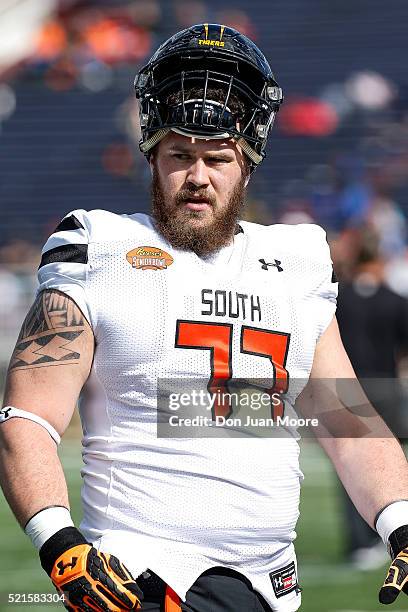 Missouri Center Evan Boehm of the South Team during the 2016 Resse's Senior Bowl at Ladd-Peebles Stadium on January 30, 2016 in Mobile, Alabama. The...