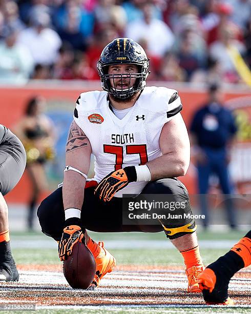 Missouri Center Evan Boehm of the South Team during the 2016 Resse's Senior Bowl at Ladd-Peebles Stadium on January 30, 2016 in Mobile, Alabama. The...