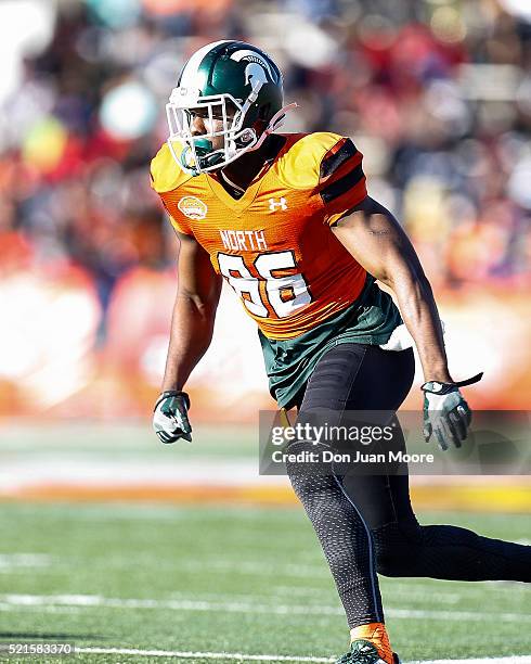 Michigan State Wide Receiver Aaron Burbridge of the North Team during the 2016 Resse's Senior Bowl at Ladd-Peebles Stadium on January 30, 2016 in...