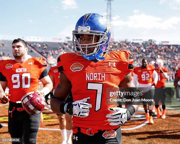 San Jose Sate Running Back Tyler Ervin of the North Team during the 2016 Resse's Senior Bowl at Ladd-Peebles Stadium on January 30, 2016 in Mobile,...