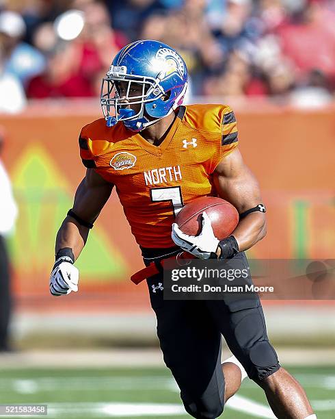 San Jose Sate Running Back Tyler Ervin of the North Team during the 2016 Resse's Senior Bowl at Ladd-Peebles Stadium on January 30, 2016 in Mobile,...