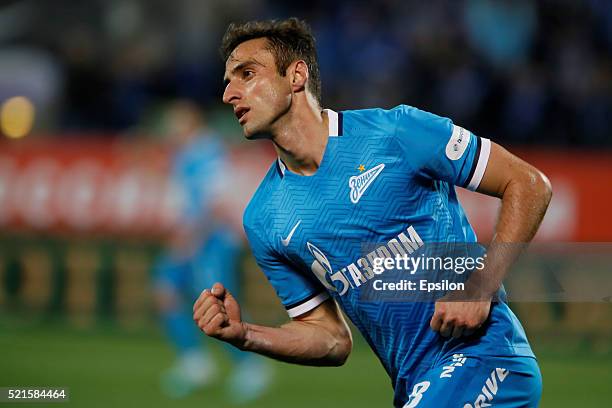 Mauricio of FC Zenit St. Petersburg celebrates his goal during the Russian Football League match between FC Zenit St. Petersburg and FC Spartak...