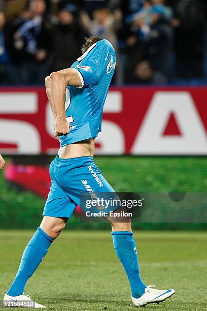 Artem Dzyuba of FC Zenit St. Petersburg celebrates his goal during the Russian Football League match between FC Zenit St. Petersburg and FC Spartak...