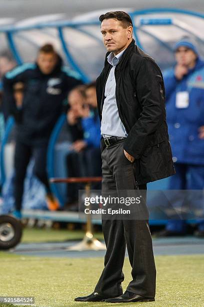 Spartak Moscow head coach Dmitri Alenichev looks on during the Russian Football League match between FC Zenit St. Petersburg and FC Spartak Moscow at...