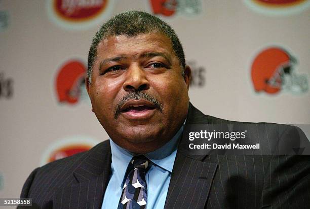 Romeo Crennel speaks to the media after being introduced as the new head coach of the Cleveland Browns during a press conference at the Cleveland...