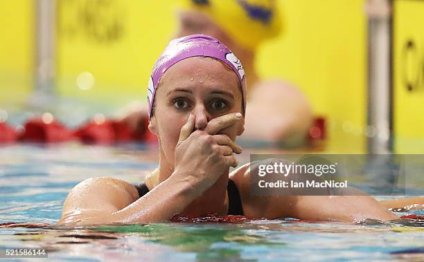 Jazz Carling reacts after winning the Women's 400m Freestyle during Day Five of The British Swimming Championships at Tollcross International...