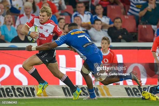 Jaco Van Der Walt of the Lions and Sikhumbuzo Notshe of the Stormers in action during the 2016 Super Rugby match between Emirates Lions and DHL...