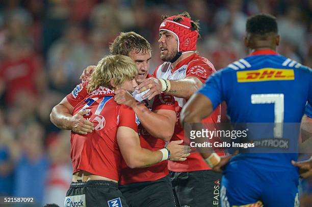 Faf de Klerk of the Lions celebrates a try with team mates during the 2016 Super Rugby match between Emirates Lions and DHL Stormers at Emirates...
