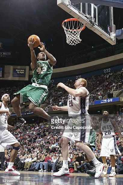 Tony Allen of the Boston Celtics takes the ball to the basket against Brian Scalabrine of the New Jersey Nets during the game on January 21, 2005 at...