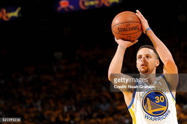 Stephen Curry of the Golden State Warriors shoots the ball during the game against the Houston Rockets in Game One of the Western Conference...