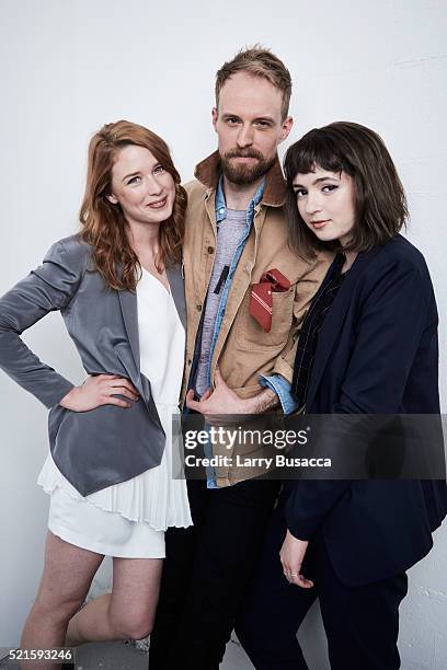 Actors Lucy Walters, Adam David Thompson, and Gina Piersanti from "Here Alone" pose at the Tribeca Film Festival Getty Images Studio on April 15,...