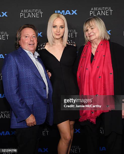 Richard Gelfond, Jennifer Lawrence and Toni Myers attend the New York premiere of "A Beautiful Planet" at AMC Loews Lincoln Square on April 16, 2016...