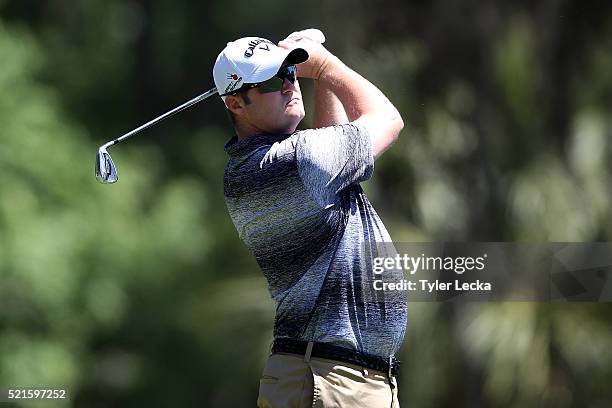 Jason Kokrak tees off on the seventh hole during the third round of the 2016 RBC Heritage at Harbour Town Golf Links on April 16, 2016 in Hilton Head...