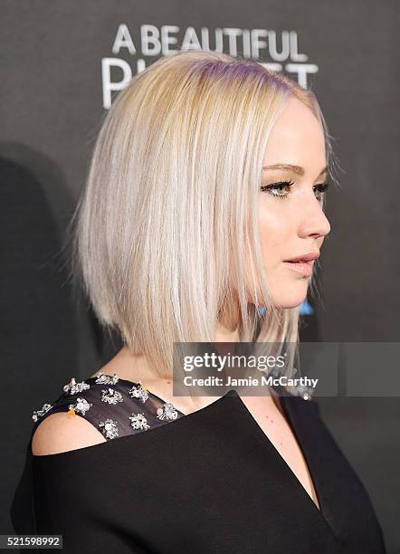 Actress Jennifer Lawrence attends the New York premiere of "A Beautiful Planet" at AMC Loews Lincoln Square on April 16, 2016 in New York City.