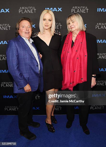 Richard Gelfond, Jennifer Lawrence and Toni Myers attend the New York premiere of "A Beautiful Planet" at AMC Loews Lincoln Square on April 16, 2016...