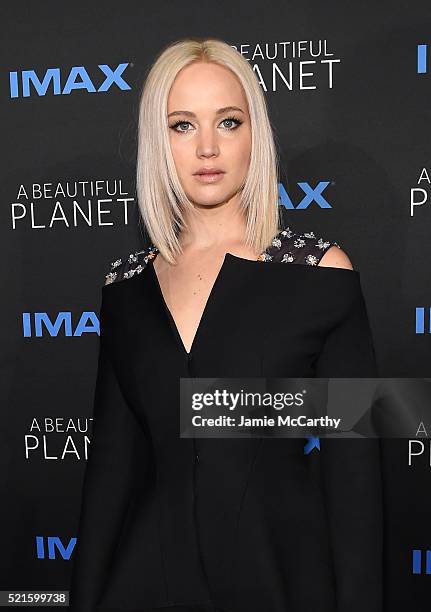 Actress Jennifer Lawrence attends the New York premiere of "A Beautiful Planet" at AMC Loews Lincoln Square on April 16, 2016 in New York City.