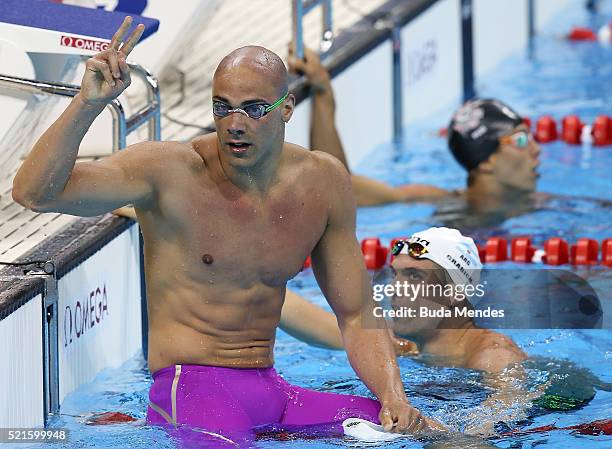 Joao Bevilaqua de Lucca celebrates after wiining the Men's 200m Freestyle Final during the Maria Lenk Trophy competition at the Aquece Rio Test Event...