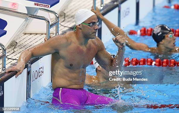 Joao Bevilaqua de Lucca celebrates after wiining the Men's 200m Freestyle Final during the Maria Lenk Trophy competition at the Aquece Rio Test Event...