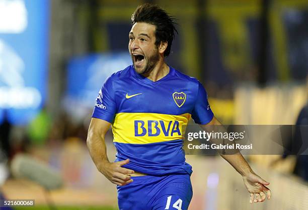 Nicolas Lodeiro of Boca Juniors celebrates after scoring the second goal of his team during a match between Boca Juniors and Aldosivi as part of...