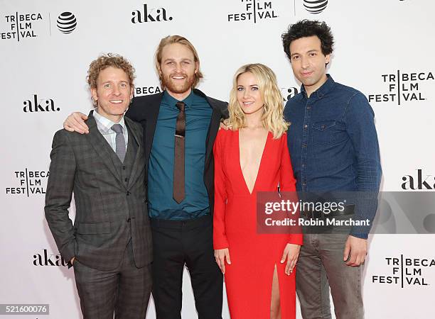 Director Jeff Grace poses with actors Wyatt Russell, Meredith Hagner and Alex Karpovsky at the "Folk Hero & Funny Guy" Premiere during the 2016...