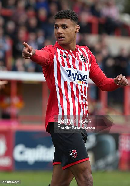 Ollie Watkins of Exeter City in action during the Sky Bet League Two match between Exeter City and Northampton Town at St James Park on April 16,...