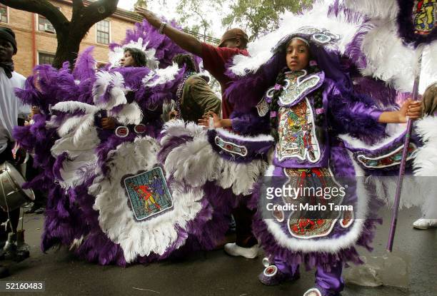 Mardi Gras Indians appear during Mardi Gras festivities February 8, 2005 in New Orleans, Louisiana. The Mardi Gras Indians are comprised mostly of...