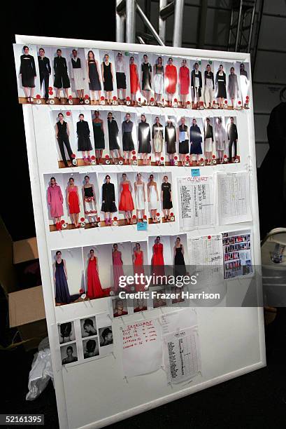 Poster boards of prepped models pose backstage at the Narciso Rodriguez Fall 2005 show during the Olympus Fashion Week at Bryant Park February 8,...