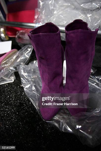 Pair of purple high heeled boots backstage at the Narciso Rodriguez Fall 2005 show during the Olympus Fashion Week at Bryant Park February 8, 2004 in...