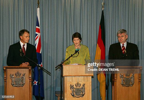 Joschka Fischer German Foreign Minister and his New Zealand counterpart Phil Goff listen while New Zealand Prime Minister Helen Clark speaks during...