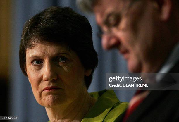 New Zealand Prime Minister Helen Clark looks on as German Foreign Minister Joschka Fischer speak during a joint press conference at the Parliament...